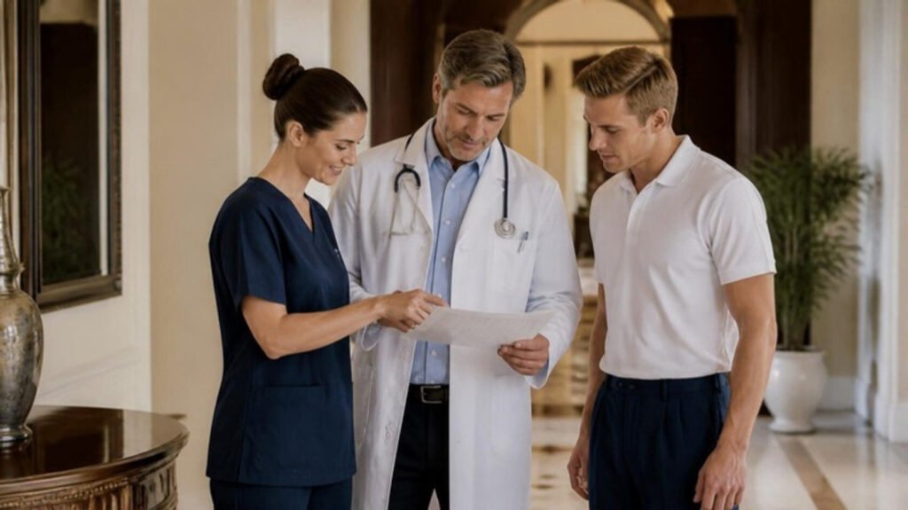 Family Offices in the Gulf: Choosing UK & European-Trained Medical Teams That Actually Stay 4 European physician, nurse and physiotherapist reviewing a weekly rota in a Gulf residence