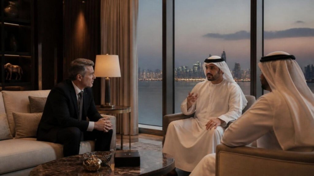 European physician meeting a Gulf family office director in a refined private office