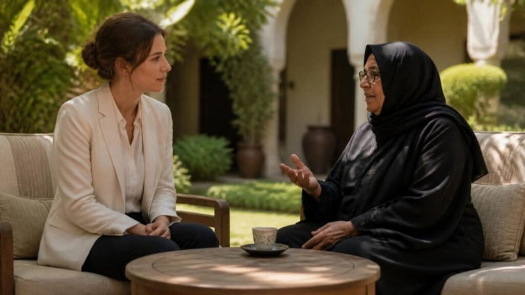 Hiring a UK & European-Trained Geriatrician in Dubai for Private Family Care 3 European geriatrician listening to an elderly Gulf lady in a residence courtyard
