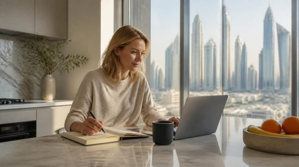 Gross Salary in the Gulf: Reading the Real Numbers as a UK & European-Trained Clinician 1 European clinician reviewing a personal budget at home with a Dubai view