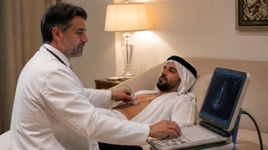 European cardiologist performing a portable cardiac ultrasound in a private medical suite