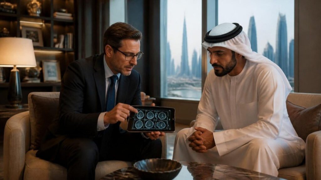 European radiologist reviewing scan images on a tablet with a Gulf principal