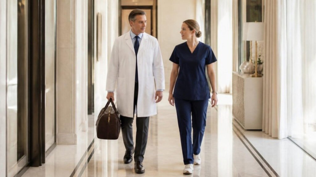 Medical Concierge in Dubai and Abu Dhabi: A Clear Guide for UK & European-Trained Clinicians 10 European physician and nurse arriving at the entrance hall of a private residence