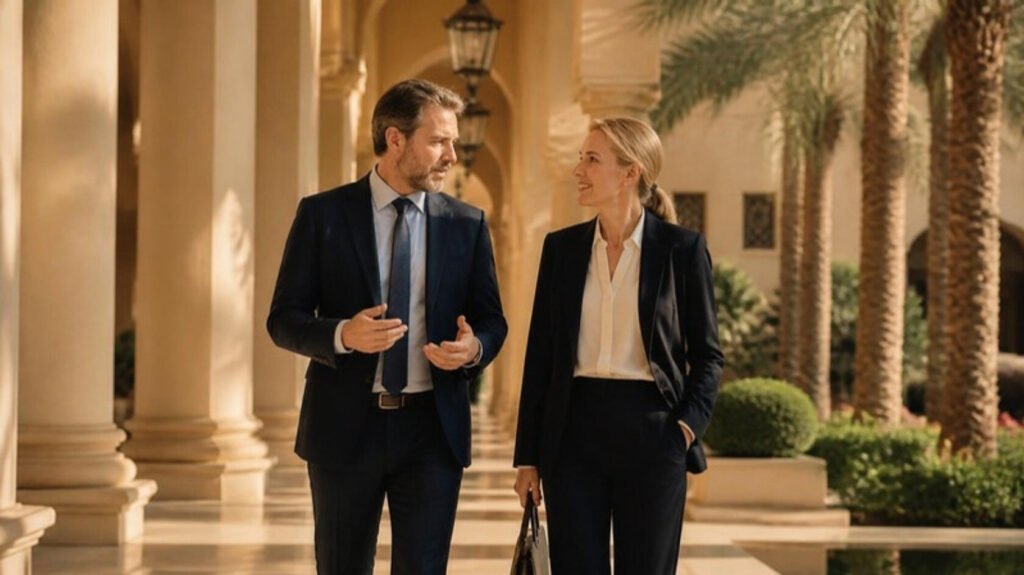 Two European medical consultants walking along the colonnade of a Gulf residence