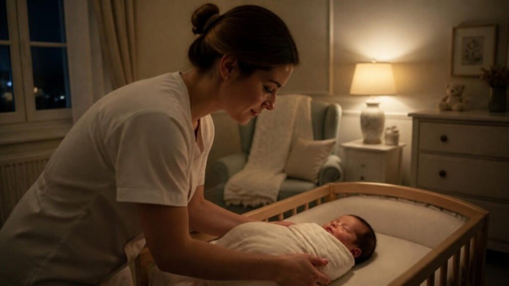 European neonatal nurse settling a newborn in a private family nursery