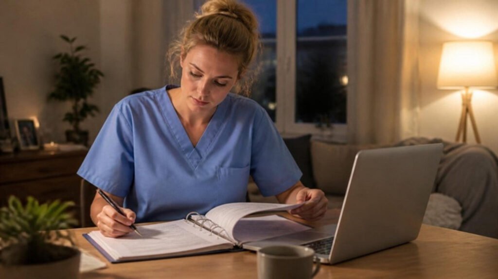 European nurse updating a professional development portfolio at home