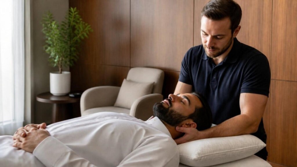 European osteopath delivering manual therapy in a private treatment room