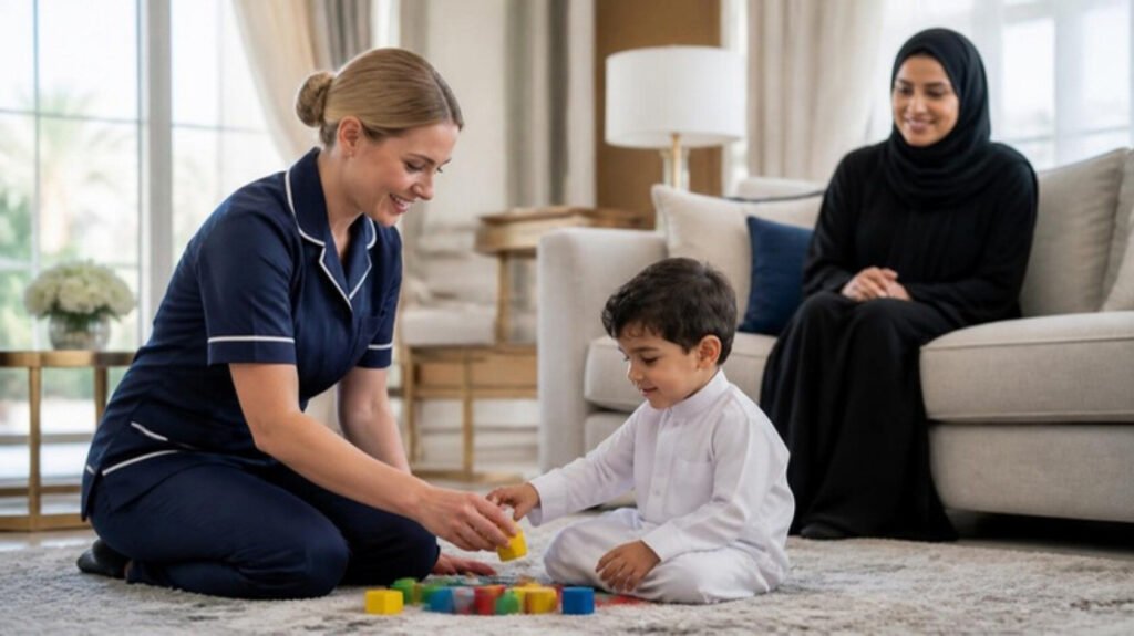 The Private Family Pediatric Standard: Securing UK & European Expertise for the Next Generation 3 European paediatric nurse playing with a young child while the Gulf mother watches in a private family living room