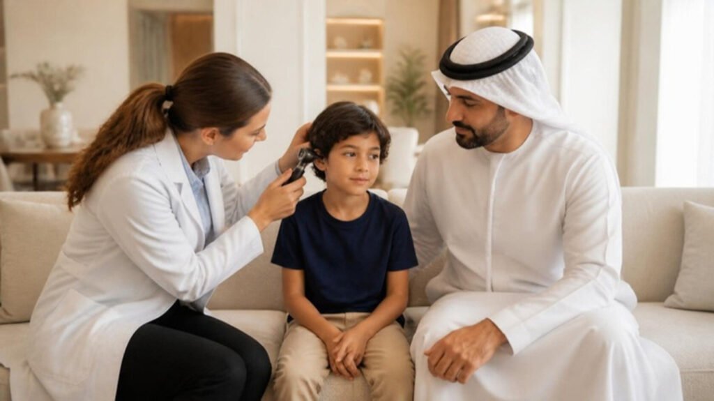 European paediatric physician examining a young child at home beside his Gulf father