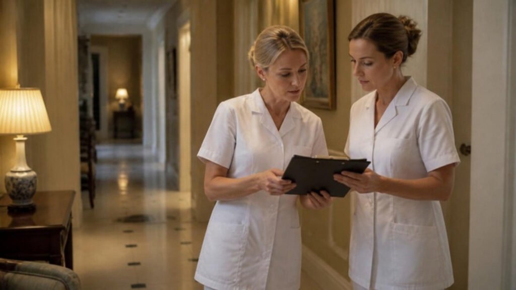 Two European private nurses conducting a shift handover in a private residence