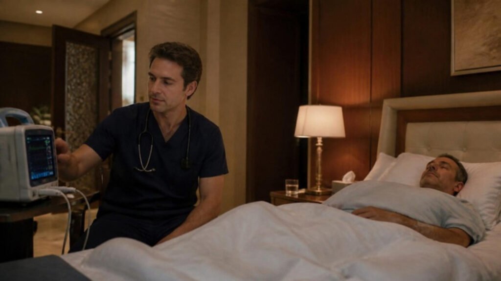 European intensivist checking a bedside monitor in the private suite of a residence