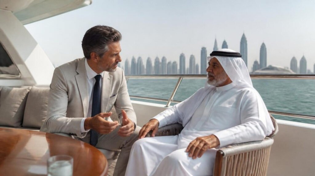 European private doctor speaking with an elderly Gulf principal on the deck of a private yacht