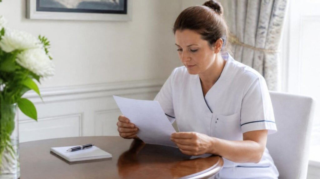 European private duty nurse reading a care brief in a residence