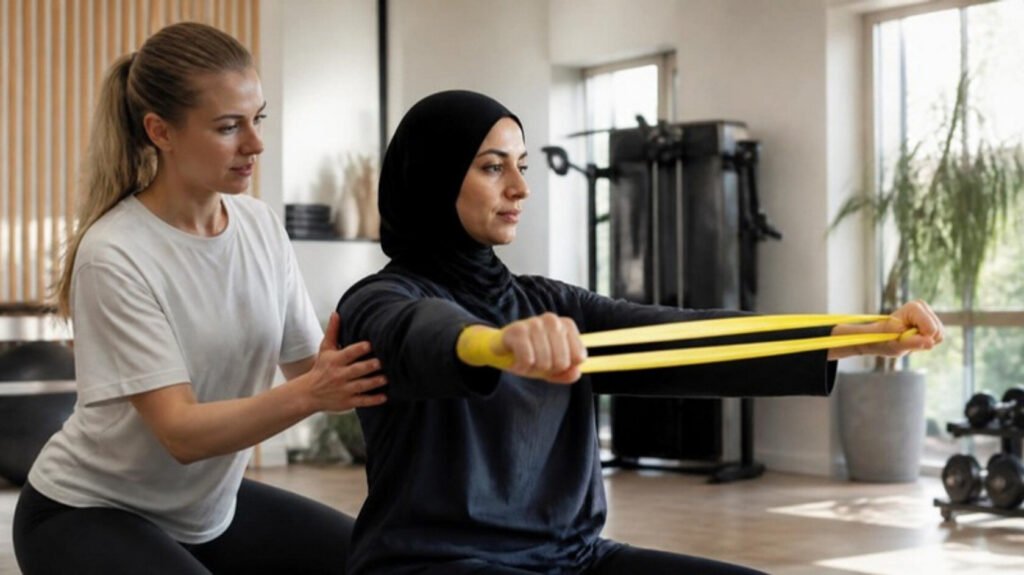 Private Duty Physiotherapy for Private Families in the Gulf: What the Brief Actually Asks For 1 European physiotherapist assisting a resistance band exercise in a private home gym
