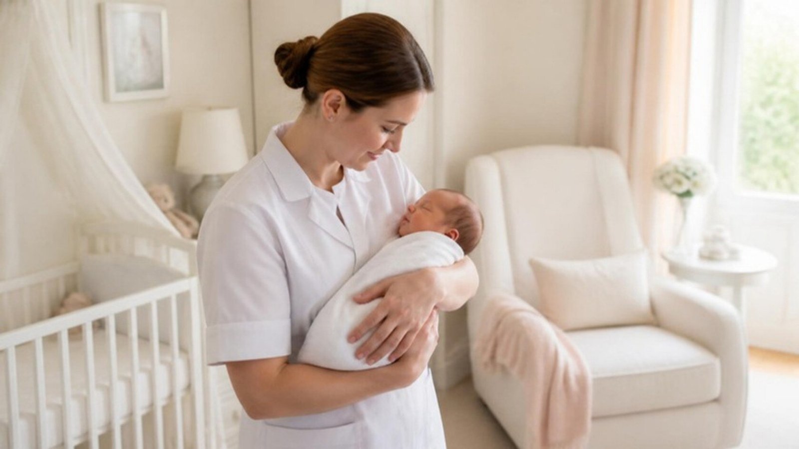 Private maternity nurse cradling a newborn in an elegant private family nursery