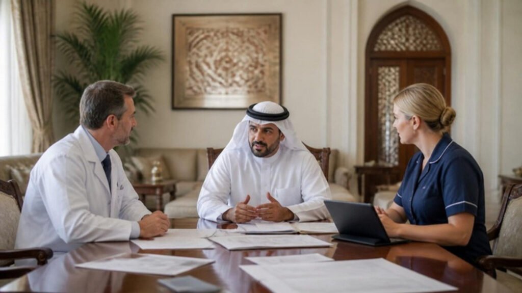 European physician and nurse discussing plans with a Gulf principal in a private residence