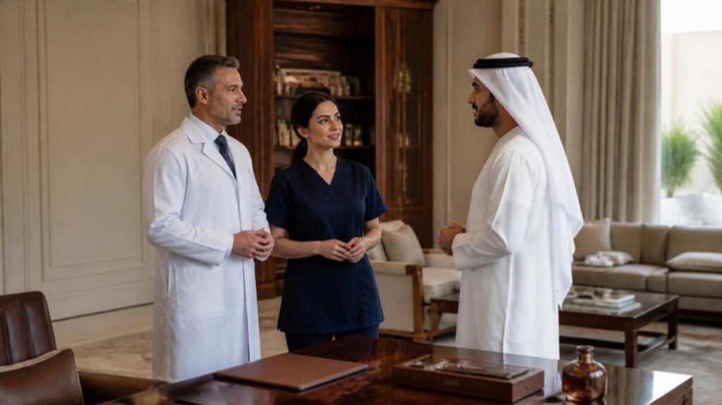 Private Medical Teams for Family Offices in the Gulf: A UK & European-Trained Model 6 European doctor and nurse in discussion with a Gulf family office director