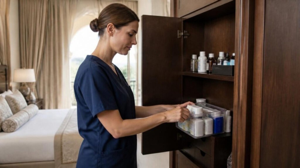 UK & European-Trained Private Nursing: The Private Family Asset 1 European private nurse arranging medication in the private suite of a Gulf residence