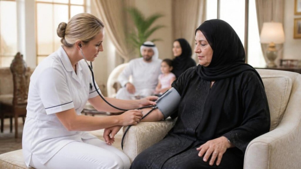 Elite Private Nursing: Securing UK & European-Trained Care 3 European private nurse checking the blood pressure of an elderly Gulf lady at home