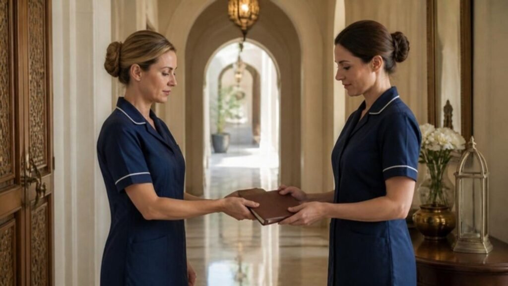 Why Private Nursing Is Arranged in Pairs: Rotas, Handover and Rest in a Private Residence 1 Two private nurses handing over shift notes in the corridor of a private Gulf residence