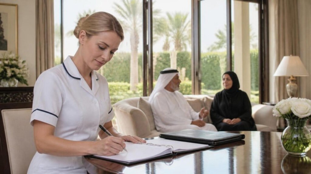European private nurse preparing a care plan at a writing desk in a Gulf residence