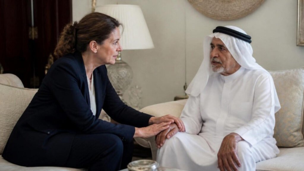 European oncologist speaking gently with an elderly Gulf principal in a private sitting room