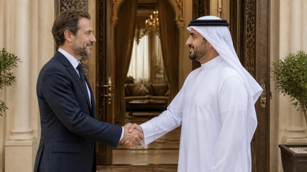 European physician greeting a Gulf principal at the entrance of a private majlis