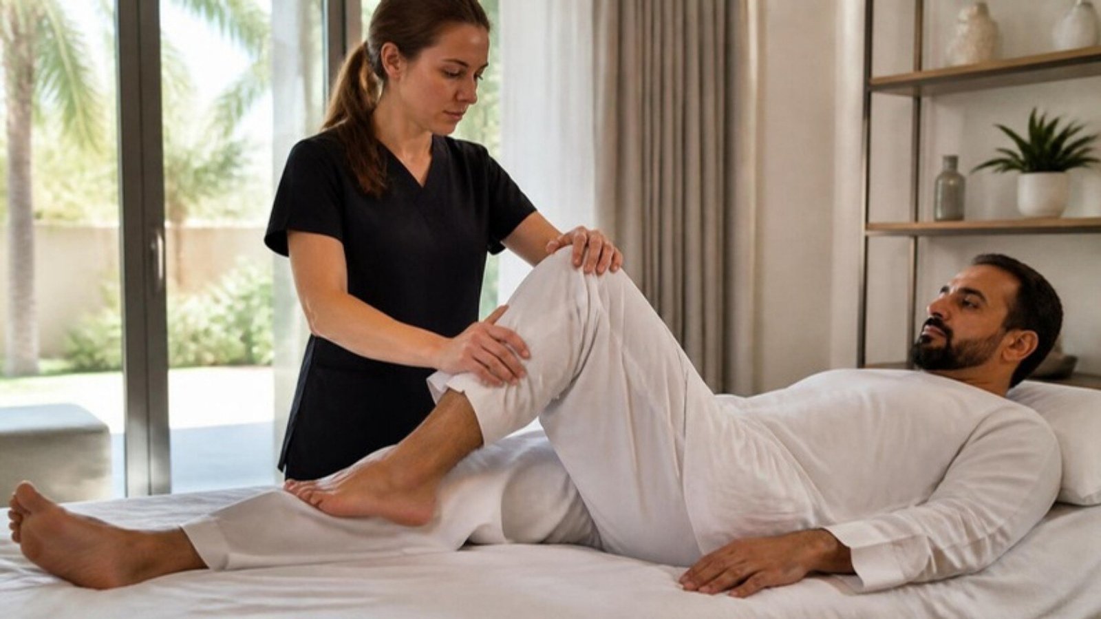 Physiotherapist delivering discreet musculoskeletal rehabilitation to a private client