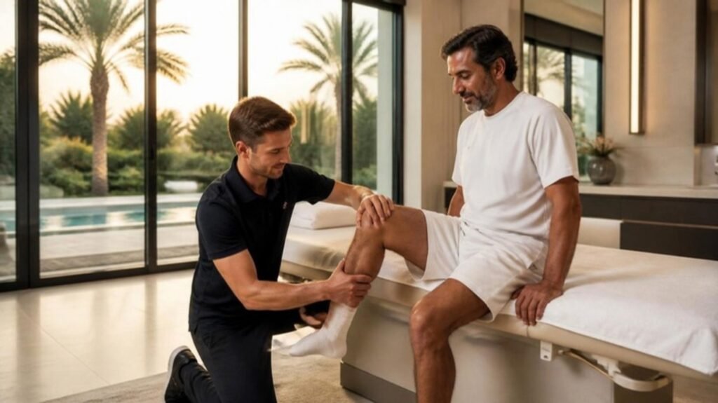UK & European-trained private physiotherapist treating a Gulf principal in a villa treatment room