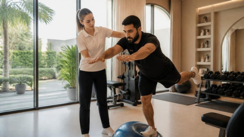 European physiotherapist guiding a balance exercise in the private home gym of a Gulf residence