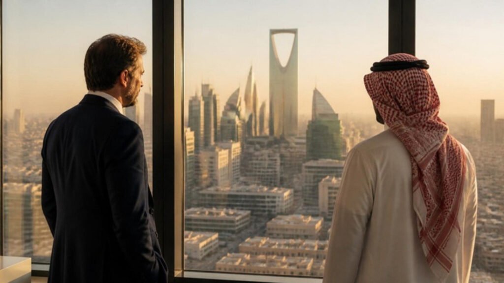 Saudi Vision 2030: Why UK & European-Trained Talent is the New Gold Standard 4 European consultant and a Saudi gentleman looking over the Riyadh skyline