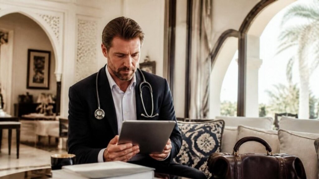 Trabajo de médico en Dubái, Riad y Doha: médicos privados y concierge para familias privadas 1 Médico privado revisando notas junto a su maletín en el salón de una residencia privada