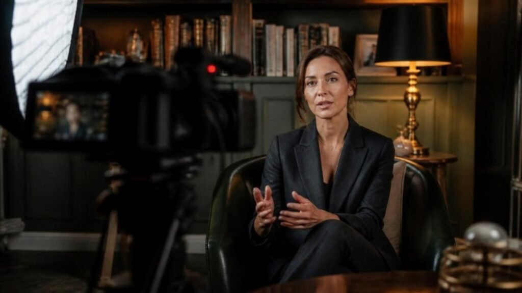 European physician recording a filmed briefing in a private study for Medical Staff Talent